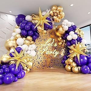 FOTIOMRG Purple and Gold Balloons Garland Arch kit with 3pcs Starburst Balloon, Metallic Gold Dark Purple White Balloons for Wedding Birthday Baby Shower Anniversary 2024 Graduation Party Decorations Purple And Gold Balloon Garland, Purple And Gold Balloons, Balloons For Wedding, Gold Balloon Garland, Star Balloons, 30 Birthday, Balloon Ideas, Garland Arch, Kids Gift Guide