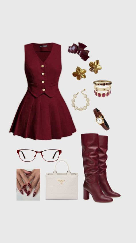 Outfit inspiration, outfit ideas, red velvet cake, dark feminine aesthetic, aura, office siren Burgundy Preppy Outfit, Red Statement Outfit, Red Outfit Layout, Black And Red Outfit Classy, Elegant Red Outfit, Dark Red Outfit Aesthetic, Classic Aesthetic Outfits, Red Outfit Polyvore, Wine Red Outfit