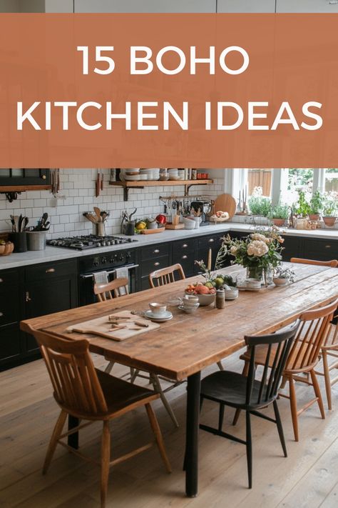 Get the perfect boho kitchen with these simple ideas and quick tips on how to choose decor. Kitchen Wall Decor Ideas Boho, Boho Farmhouse Kitchen Table, Small Kitchen Boho Decor, Boho Home Renovation, Boho Rustic Kitchen, Diy Boho Kitchen Decor, Moody Rustic Kitchen, Boho Kitchen With Dark Brown Cabinets, Small Boho Kitchen Ideas