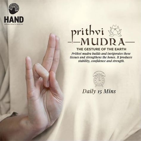 Prithvi mudra mainly focuses on balancing the earth element, it’s good to adopt this hand gesture in grounding meditation. Practice this mudra daily for 15 minutes for better health. #Hand #HandGroup #Realtors #Himachal #HandMudras #Zirakpur #ResidentialRealEstate #HandMudraBenefits #RealEstate #RealEstateBenefit #Nature #RealEstate #Mohali #ZirakpurRealEstate Prithvi Mudra, Grounding Meditation, Hand Mudras, Yoga Facts, Mantra For Good Health, Yoga Hands, Earth Element, Mantra Quotes, Healing Yoga