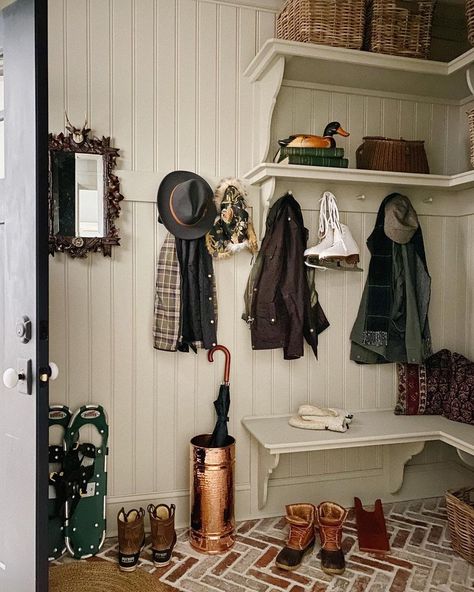 Country Mudroom, Pantry Hill, Hot Whiskey, House Mudroom, Herringbone Brick Floor, Cottage Hallway, Boot Room Utility, Front Foyer, Grain Store