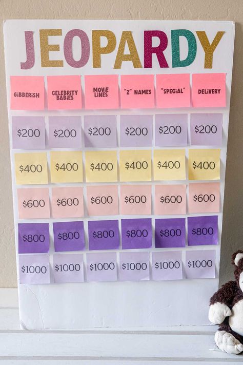 This baby shower Jeopardy game is one of the most fun baby shower games ever! Get the free printables, questions, and answers for a baby shower game everyone will love! Baby Shower Jeopardy Questions, Baby Shower Jeopardy, Baby Jeopardy, Unique Baby Shower Games, Best Baby Shower Games, Jeopardy Questions, Backyard Baby Showers, Free Printable Baby Shower Games, Baby Shower Games Unique