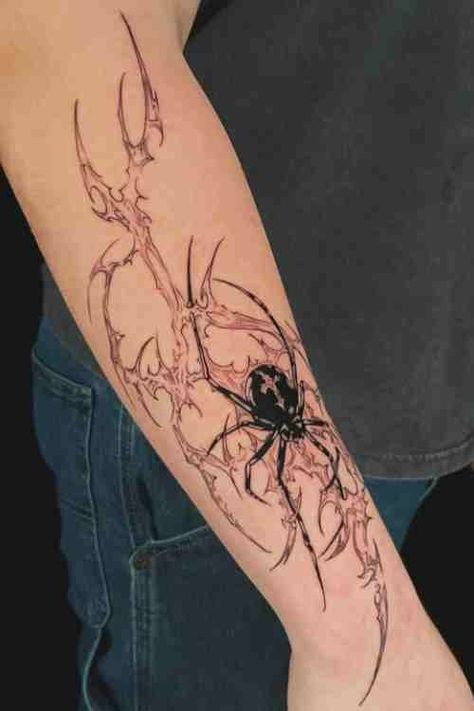 Your Cyber Sigilism Tattoo Guide (50+ Examples!) - Tattoo Stylist Spiderman Forearm Tattoo, Tattoo Design Drawings Men, Mens Cybersigilism Tattoo, Spiderman Tattoo Sleeve, Tattoos Arm Man, Men Tattoo Ideas Back, Spider Cybersigilism Tattoo, Cyberglism Tattoos, Cool Dark Tattoos