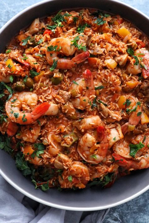 Brown Rice Chicken & Shrimp Jambalaya – SIMPLY BEAUTIFUL EATING Chicken And Shrimp Jambalaya, Jambalaya Rice, Chicken Jambalaya, Shrimp Jambalaya, Garlic Baked, Chicken Shrimp, Food Boards, Hot Spices, Rice Chicken