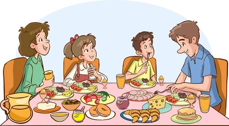 Eating Dinner Drawing, Dinner Table Drawing, Black Family Cartoon, Breakfast Cartoon, Teaching Pictures, Breakfast Clipart, Family Comic, Food School, English Learning Books