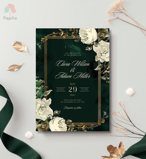 This invitation embodies timeless elegance and luxury, making it perfect for a sophisticated wedding celebration. Designed with a rich emerald green background, this digital wedding invite is adorned with a delicate gold floral frame and intricate white roses, evoking a sense of grandeur and romance. The blend of dark green and gold exudes a classic yet modern aesthetic that will captivate your guests. TRY BEFORE YOU PURCHASE Copy the link and paste it into your browser.   DEMO Link: https://www Forest Green And Gold Wedding Invitations, Emerald And Gold Wedding Invitations, Wedding Invitations Design Ideas, Forest Green And Gold Wedding, Green And Gold Wedding Invitations, Emerald Green Wedding Invitations, Black And Green Wedding, Wedding Invitations Green, Couple Event