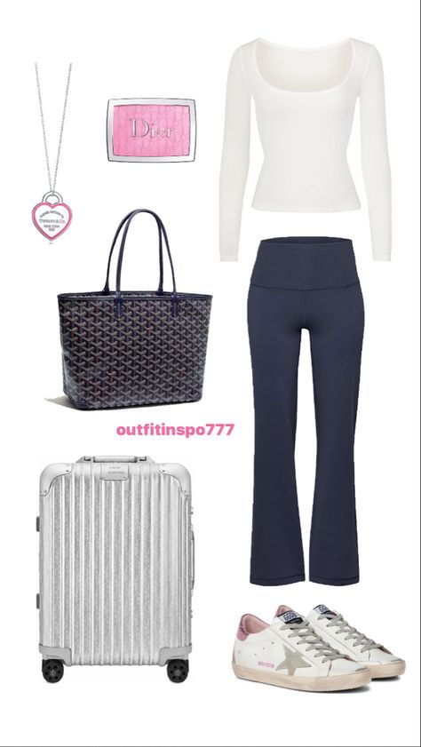 Girly Airport Outfit, Stockholm Airport Outfits, Navy Blue Flared Leggings Outfit, Airport Outfit Layout, Leggings Outfit Layout, Navy Blue Flare Leggings Outfit, Navy Flare Leggings Outfit, Blue Flare Leggings Outfit, Airport Outfit Pink