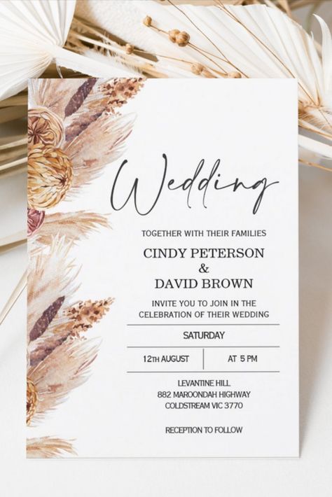 Modern Boho Pampas Grass Wedding Invitation
Modern Boho Pampas Grass Wedding Invitation Elegant Boho themed wedding invitation featuring a floral arrangement with pampas grass #marriage #wedding #invitations #weddinginvitations #wedding #minimalist #elegant #boho #pampas Boho Pampas Grass Wedding, Pampas Grass Wedding Invitation, Boho Themed Wedding, Pampas Grass Wedding, Wedding Announcement Cards, Terracotta Color, String Lights Wedding, Grass Wedding, Themed Wedding Invitations