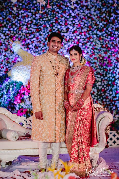 Telugu bride and groom Marathi Engagement Look For Men, Reception Suits For Groom, Groom Jewellery, Marriage Dresses, Kanchipattu Sarees, Reception Suits, Groom Jewelry, Indian Groom Dress, Bride Reception Dresses