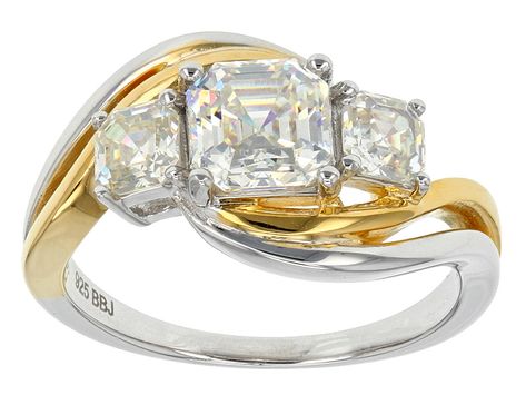 2.29ctw Asscher Cut Lab Created Strontium Titanate Two-tone Sterling Silver 3-stone Bypass Ring Marquise Diamond Settings, Diamond Band Engagement Ring, White Lab, Princess Cut Rings, Bypass Ring, Jtv Jewelry, Diamond Anniversary Rings, Asscher Cut, Engagement Ring Cuts