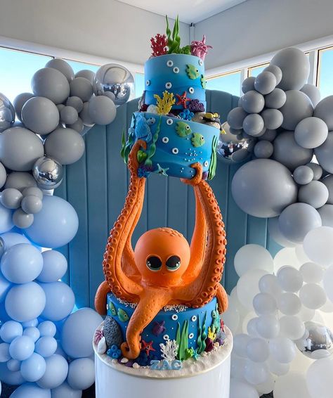 Octopus Cake, Ocean Birthday Party, Ocean Cakes, Gravity Defying Cake, Shark Themed Birthday Party, Gravity Cake, Sea Cakes, Ocean Birthday, Gateaux Cake