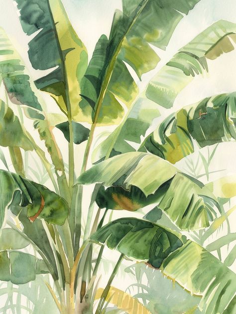 Watercolour of Banana Tree and Palm Fronds Watercolor Banana Tree, Banana Leaf Artwork, Banana Tree Watercolor, Watercolor Palm Tree, Banana Leaf Tree, Banana Painting, Inspirational Digital Art, Leaf Artwork, Banana Palm