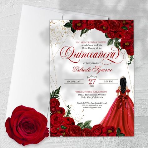 Crea desde cero tu Invitation | Zazzle.com Red Quince, Quince Invitations, Butterfly Invitations, Red Ball Gown, Ros Gold, Mexican Birthday, Red Quinceanera Dresses, Elegant Ball Gowns, Different Hair Colors