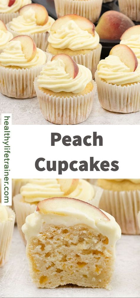 A quick and easy homemade peach cupcakes are just about what you need during a summery afternoon and chilly wintery midday. Peach cupcakes are filled with gooey fresh peach filling and baked with vanilla extract, and buttermilk to mention a few. #peachcupcakes #easycupcakerecipe #cupcakerecipes Peaches And Cream Cupcakes, Peach Cupcakes Recipe, Cupcake Frosting Tips, Peaches Cream Cheese, Cinnamon Frosting, Peach Cupcakes, Peach Compote, Frosting Tips, Peach Cream