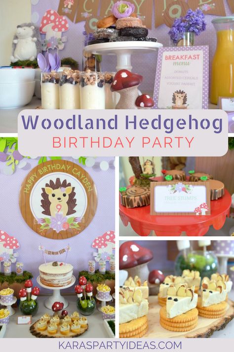 Woodland Hedgehog Birthday Party via Kara's Party Ideas - KarasPartyIdeas.com Hedgehog First Birthday Party, Hedgehog Birthday Party Ideas, Hedgehog Themed Birthday Party, Hedgehog Party Decorations, Hedgehog Birthday Party, Hedgehog Party Ideas, Hedgehog Party, Hedgehog Baby Shower Ideas, Paw Patrol Party Food