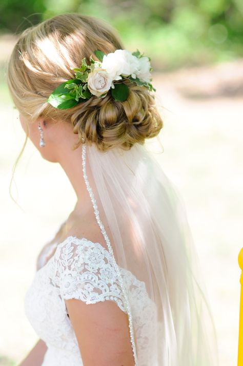 Wedding updo with flowers. Love how my veil went under so that it didn't damage the flowers! Wedding updo with veil underneath. Fake Names, Hair With Veil, Flower Crown Hairstyle, Romantic Wedding Hair, Wedding Crashers, Wedding Hairstyles With Veil, Best Wedding Hairstyles, Trendy Wedding Hairstyles, Wedding Hair Flowers