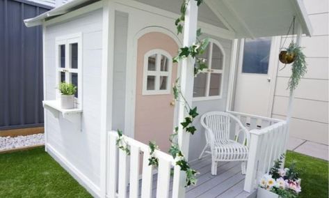 Mum shares cubby reno and it’s the stuff dreams are made of Cubby House Ideas, Cubby Ideas, Picnic Table With Umbrella, Kids Cubby Houses, Kids Cubbies, Ikea Play Kitchen, Wooden Cubby, Kids Picnic Table, Kids Picnic