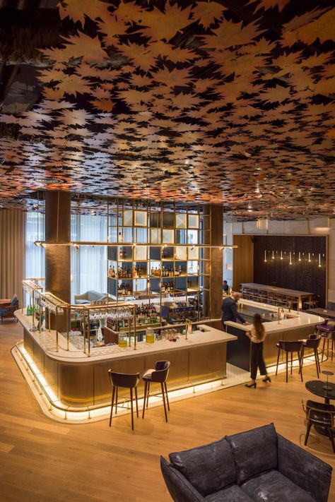 Stunning hotel restaurant at Middle Eight Hotel, London. Interior design, concept development and brand design by Tonik Associates Bar In The Middle Of The Restaurant, Diriyah Gate, Hotel Bar Design, Aesthetic Hotel, Central Bar, London Interior Design, Bar Ceilings, Stunning Hotels, London Interior