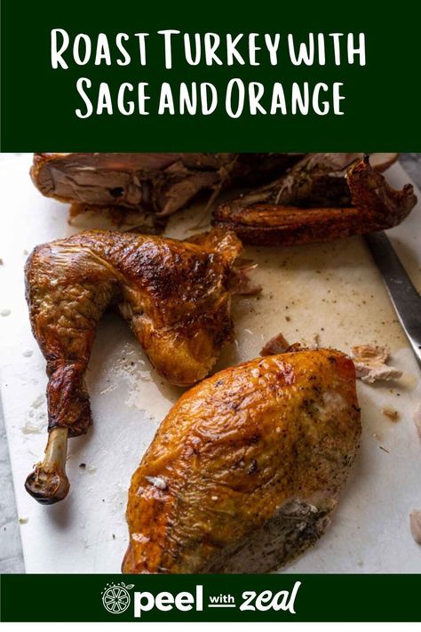 Impress your guests with this delectable roast turkey recipe, accented by fresh sage and orange zest. Seasoned with an easy dry brine and roasted with a blend of herbs and citrus, this turkey is sure to be tender, juicy, and bursting with flavor. Sage And Orange, Dry Brine Turkey, Dry Brine, Herb Roasted Turkey, Herb Turkey, Roast Turkey Recipes, Easy Thanksgiving Recipes, Fresh Sage, Roast Turkey