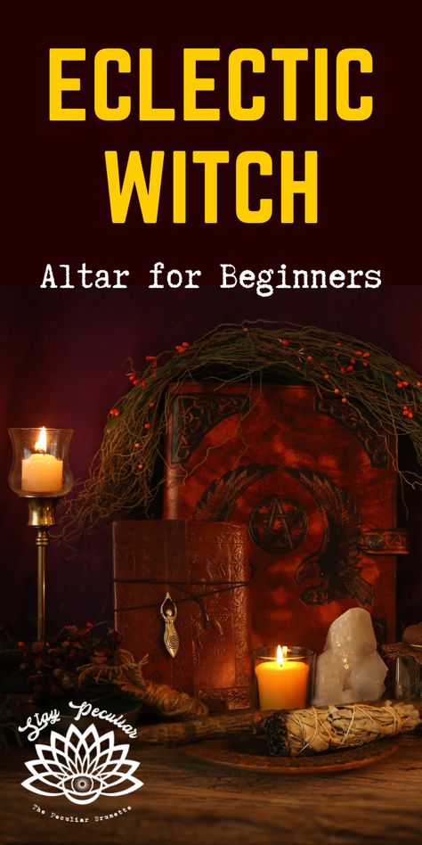 An Eclectic Witch is one of the most popular types of Witchcraft, especially for beginners. Since Eclectic Witches combine different practices and traditions, their altars are as unique as they are! However, some items are commonly used in Witchcraft that could be placed on your altar. #peculiartips Altar Candles Witchcraft, Colors In Witchcraft, Eclectic Witch Altar, Traditional Witchcraft Aesthetic, Witch’s Altar, Wiccan Altar Setup, Alter Set Up Witchcraft, Witch Alter Ideas, How To Make An Altar