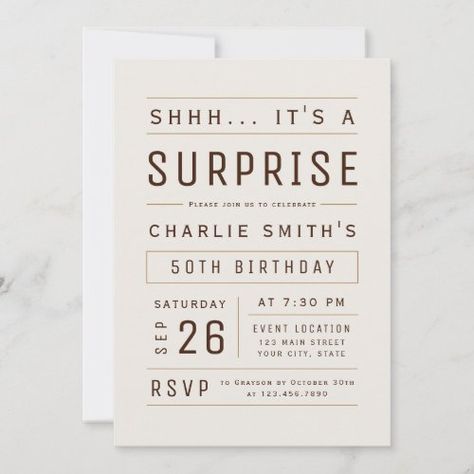 $2.98 | Brown Any Age Modern Typography Surprise Birthday #adult birthday invitations, surprise party invitations, personalized birthday party invitations, 70th 80th 90th birthday party, 21st 30th 40th 50th 60th, funny any age birthday invitations, modern chic minimalist typography, elegant clean simple, stylish retro vintage charm, classic neutral beige brown Surprise Party Invitations, Surprise Birthday Invitations, Simple Birthday Party, Invite Design, 90's Birthday Party, Simple Typography, 30th Birthday Invitations, 50th Birthday Invitations, Minimalist Typography