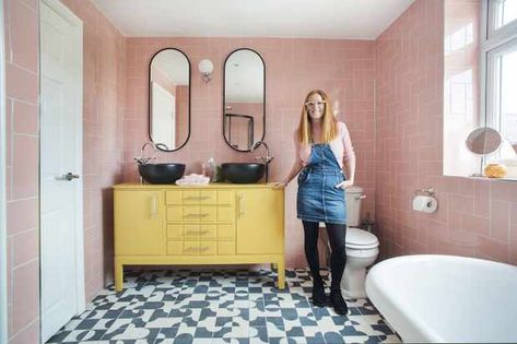 Take a look inside Karen's incredibly vibrant bathroom, which puts a fun twist on its Victorian roots Yellow And Pink Bathroom, Green Pink Bathroom, Pink Tiled Bathroom, 1950s Room, Vibrant Bathroom, Tiled Bathroom, Green Sink, Mad About The House, Colourful Home