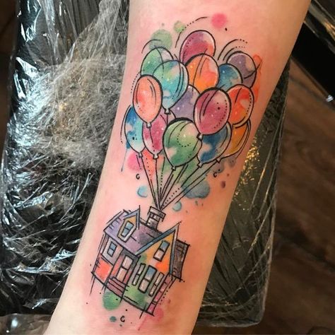 Up Balloon Tattoo, Up House Tattoo, Up Tattoo Disney, Up Movie Tattoo, Disney Watercolor Tattoo, Up Tattoo Ideas, Disney Inspired Tattoos, Disney Sleeve Tattoos, Tattoo Finger