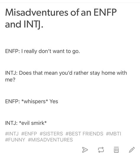 Follow female-mastermind on tumblr for more misadventures! Misadventures Of Intj And Enfp, Intj And Enfp, Evil Smirk, Intj Things, Intj Type, Enfp X Intj, Intj Personality Type, Intj Humor, Enfp Intj