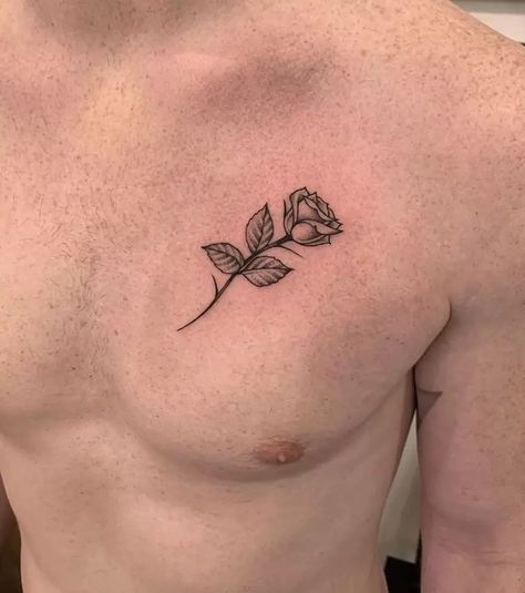 Portland Rose Tattoo, Small Rose Tattoo Men, Rose Tattoo On Chest, Rose Tattoo Placement, Rose Chest Tattoo, Rose Tattoo With Name, Small Hummingbird Tattoo, Tattoo On Chest, Rib Tattoos For Guys