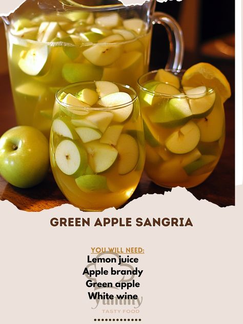 🍏🍷 Green Apple Sangria – Refresh your taste buds with this crisp, green apple sangria. A perfect fall sipper! 🍂🍸 #AppleSangria #FallDrinks Green Apple Sangria Ingredients: White wine (1 bottle) Green apple (1, sliced) Apple brandy (1/4 cup) Lemon juice (1/4 cup) Club soda (1 cup) Honey (2 tbsp) Instructions: In a pitcher, combine white wine, apple brandy, lemon juice, and honey. Add apple slices and chill for at least 2 hours. Before serving, add club soda. 🍏🍷 This Green Apple Sangria is ... Green Apple Sangria, Sliced Apple, Sangria Ingredients, Apple Sangria, Apple Brandy, Apple White, Fall Drinks, Club Soda, Bottle Green