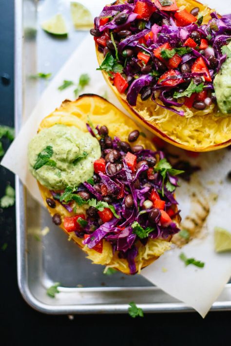 This spaghetti squash burrito bowl recipe is easy to make and so good for you, too! #spaghettisquash #burritobowl #healthydinner Spaghetti Squash Burrito Bowl, Spaghetti Squash Burrito, Burrito Bowl Recipe, Vegetarian Burrito, Cookie And Kate, Red Cabbage Slaw, Burrito Bowls Recipe, Caprese Pasta Salad, Caprese Pasta