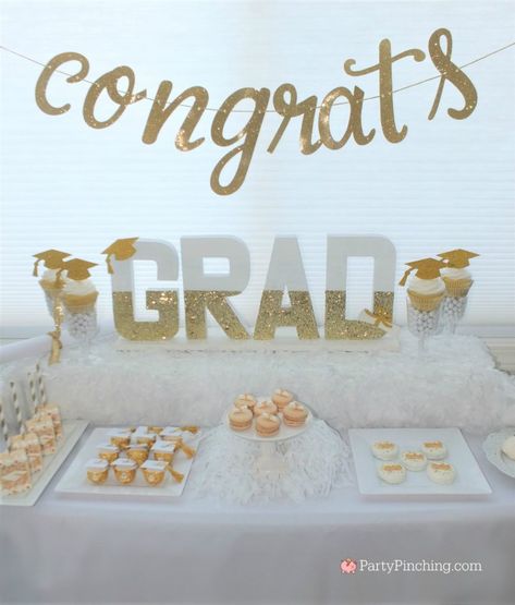 Gold Dessert Ideas, Glam Graduation Party, Graduation Letters, Graduation Hat Toppers, Graduation Letter, Sweet Treats Party, Graduation Party Table, Backyard Graduation Party, Senior Graduation Party