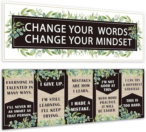 Amazon.com: Boho Eucalyptus Growth Mindset Banner Classroom Decoration Inspirational Bulletin Board Positive Wall Decoration Motivational Posters for School Wall Art Supplies Elementary Middle High School Favors : Office Products Positive Bulletin Boards Middle School, High School Motivational Bulletin Boards, Eucalyptus Bulletin Board Ideas, Mindfulness Bulletin Board High School, Greenery Classroom Theme Middle School, Farmhouse Classroom Decor Middle School, Motivational Posters For School, Growth Mindset Plant Theme, Middle School Classroom Themes