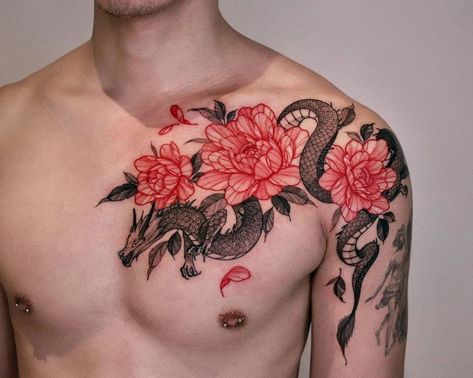 Black And Red Sleeve Tattoo, Dragon Floral Tattoo, Pec Tattoo Men, Dragon Chest Tattoo, Dragon Tattoo Chest, Forearm Cover Up Tattoos, Simple Tattoos For Guys, Forearm Band Tattoos, Dragon Sleeve Tattoos