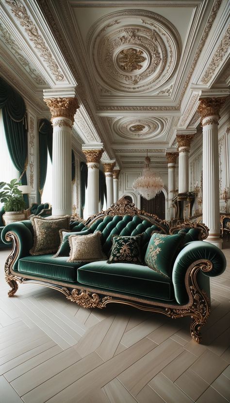 a living room filled with furniture and a chandelier, lavish rococo baroque setting, ornate furniture, neo - classical style, neoclassical style, elegant and ornate, ornate turkic palace background, luxury furniture, exquisitely ornate, rococo color scheme, ornate and elegant, exquisitely designed throne room, decadent throne room, neoclassicism style, rococo and baroque styles #NeoclassicalElegance #RococoRevival #BaroqueBeauty #TurkicOpulence #LuxuryLiving #DecadentDesign #OrnateInter Rococo, Room Decor, Velvet, Living Room, Gold, Furniture, Home Decor, Design, Home Décor