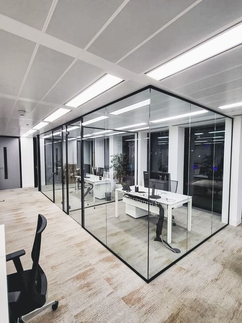 Office Cabin Design, Glass Office Partitions, Modern Offices, Roof Skylight, Office Cabin, Innovative Office, Glass Cabin, Modular Carpet, Glass Office