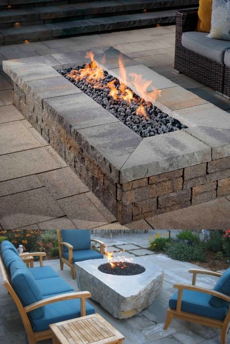 Flagstone Patio Fire Pit, Rectangular Fire Pit Ideas Backyard, Rectangle Fire Pit Ideas Backyard, Fire Pit Off Patio, Rectangle Fire Pit Ideas, Fire Pit Near Pool, Ranch Backyard, Rectangle Gas Fire Pit, Diy Gas Fire Pit