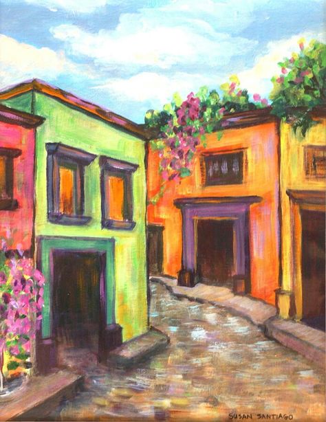 Mexican Town Painting, Acrylic Painting Mexican Art, Mexican House Painting, Simple Mexican Paintings, Mexican Village Art, Spanish Paintings Easy, Mexican Acrylic Painting, Mexico Painting Easy, Mexican Village Paintings