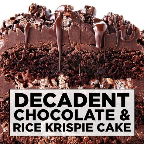 This decadent Chocolate Rice Krispie Crunch Cake recipe is a tri-layered fudgy chocolate cake that`s filled with chocolate-coated rice krispies and slathered with creamy, smooth chocolate frosting. Rice Krispie Cake Birthday, Chocolate Crunch Cake Recipe, Chocolate Rice Krispie Cakes, Chocolate Rice Crispy Cakes, Chocolate Crunch Cake, Rice Krispie Cake, Crunch Cake Recipe, Rice Crispy Cake, Filling Cake