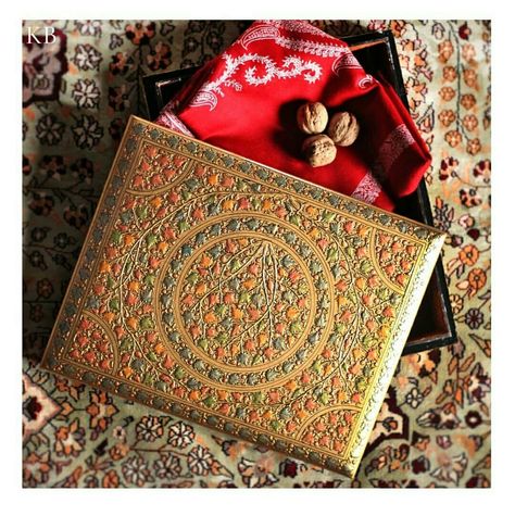 A paper mache box gets resplendent ornations of chinar over an enduring golden base. Kashmiri Paper Mache, Mache Art, Paper Mache Boxes, Christmas Products, Paper Mache Art, Painted Paper, Paper Mache, Fall Crafts, Textiles