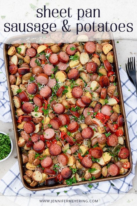 Sheet Pan Sausage & Potatoes - Jennifer Meyering Kelbeisa Sausage Recipes Sheet Pan, Kilbasa Sausage Recipes, Kielbasa Sausage Recipes, Vodka Watermelon, Sausage And Potato Bake, Lemonade Sangria, Kielbasa And Potatoes, Sheet Pan Sausage, Pan Sausage