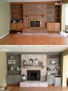 Built In Bookshelves, Fireplace Redo, Diy Fireplace Makeover, Fireplace Update, Brick Fireplace Makeover, Paint Fireplace, White Wash Brick, Fireplace Remodel, Diy Fireplace