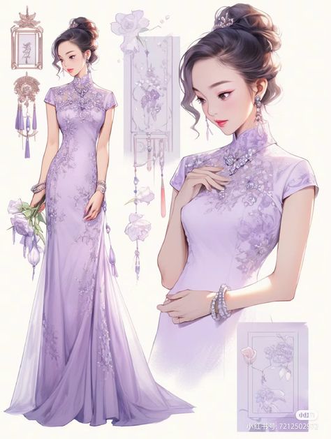 Purple Qipao, Qi Pao, Dress Anime, Fashion Fantasy, Dress Design Drawing, Disney Inspired Outfits, Anime Clothes, Fashion Illustration Dresses, Dress Sketches