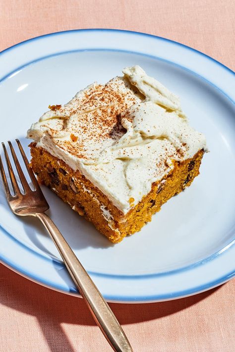 Inspired by Brazilian bolo de cenoura, this carrot cake skips the tedious step of grating carrots and blends them right into the batter instead. Chunks of chewy dried pineapple and candied ginger stand in for raisins, and the cream cheese frosting is light and airy, a mousse-like delicacy. Baked in an entirely unfussy 13x9" pan, this is begging to be toted to a spring picnic in the park. Carrot Sheet Cake, Whipped Cream Cheese Frosting, Dried Pineapple, Candied Ginger, Whipped Cream Cheese, Cake With Cream Cheese, Piece Of Cake, Cake Servings, Sheet Cake