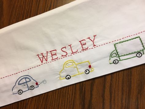 Boy Vintage, Kids Pillow, Hand Embroidered Pillows, Personalized Pillow Cases, Handmade Pillowcases, Visible Mending, Personalized Pillow, Embroidered Pillowcases, Car Personalization