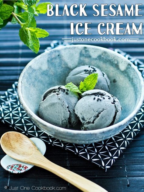 Black Sesame Ice Cream ��黒ゴマのアイスクリーム - Refreshing black sesame ice cream made with black sesame paste, whole milk, heavy cream, and honey. #blacksesamerecipe #icecreamrecipes #sesameicecream #balcksesamepaste #japaneseicecream #blackicecream #howtomakeblackicecream #japanesedessert | Easy Japanese Recipes at JustOneCookbook.com Black Sesame Dessert, Japanese Ice Cream, Sesame Ice Cream, Black Sesame Paste, Black Ice Cream, Sesame Paste, Green Tea Ice Cream, Japanese Grocery, Easy Japanese Recipes