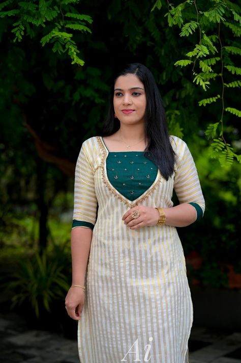 For booking WhatsApp 8078905887 ചുരിദാർ മോഡൽ, Kurtis Traditional, Organza Kurti Designs Latest, Onam Collections, Kerala Dress, Chudi Neck Designs, Onam Outfits, Celebration Chocolate, Long Blouse Designs