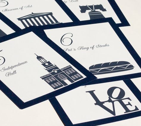 Philadelphia landmarks perfect for your Wedding Table Numbers in the city of brotherly love. Price shown is FOR A SINGLE TABLE NUMBER CARD. You add how many you want to your cart using the pulldown menu.  Each order is totally custom made-to-order so you choose the icons, paper colors and font from my extensive collection to make them just how you want them.  To see my designs in action, at real weddings, check out my Pinterest board: (copy and paste the link into your browser) https://www.pi... Philadelphia Landmarks, Reception Ceiling, Wedding Sign Decor, City Icon, Diy Bridal, Outdoor Wedding Reception, Table Number Cards, Brotherly Love, Sign Decor