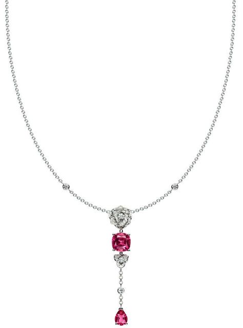 #Piaget #Rose #necklace in 18K white #gold set with 72 brilliant-cut #diamonds and 2 cushion-cut pink #tourmalines Piaget Rose Necklace, Piaget Necklace, Gold Rose Necklace, Piaget Rose, Dancing Diamond, The Bling Ring, Dior Jewelry, White Gold Set, Luxury Necklace