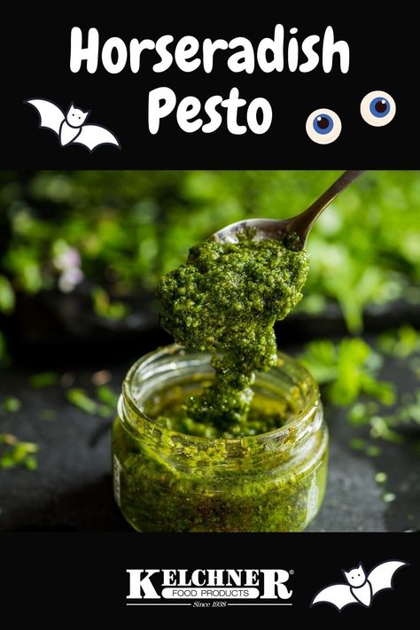 It's spooky season! It's the perfect time to use some greenish-ghoul looking sauce in a pasta dish or any other way that would make your guests and family turn heads. Make our Horseradish Pesto today! #pesto #sauce #spookyseason #greensauce #horseradish #halloween Horseradish Uses, Horseradish Leaves Recipes, Horseradish Leaves, Fresh Horseradish, K Food, Green Sauce, Spice Rub, Pesto Recipe, Pesto Sauce